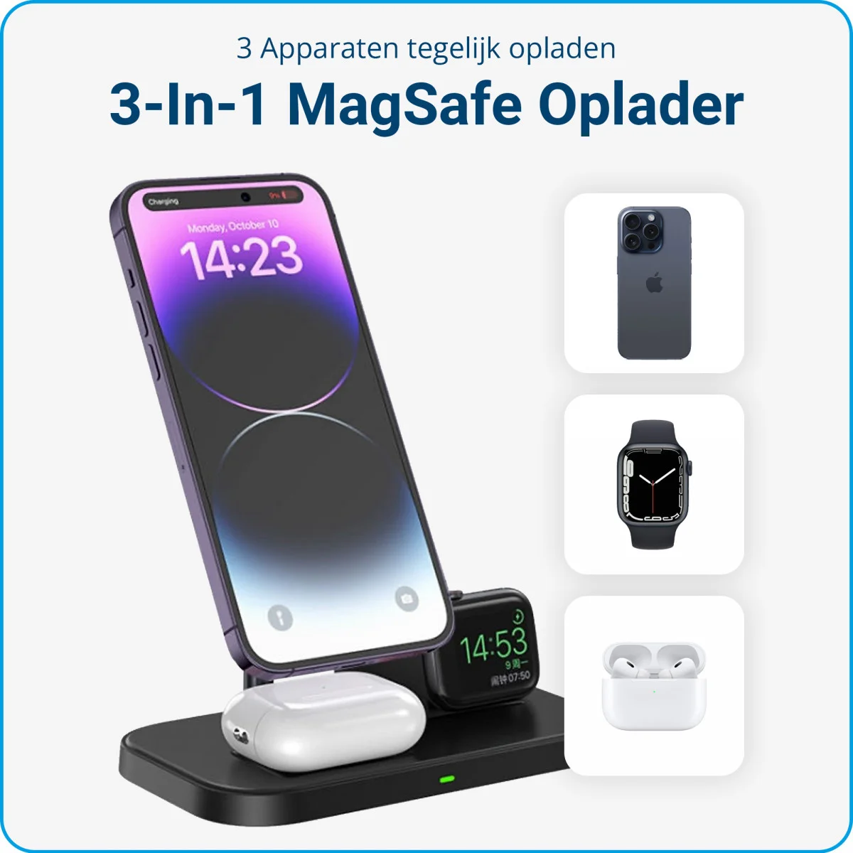 3 in 1 Draadloze MagSafe Oplader 15W iPhone/AirPods/Watch Zwart afbeelding 3