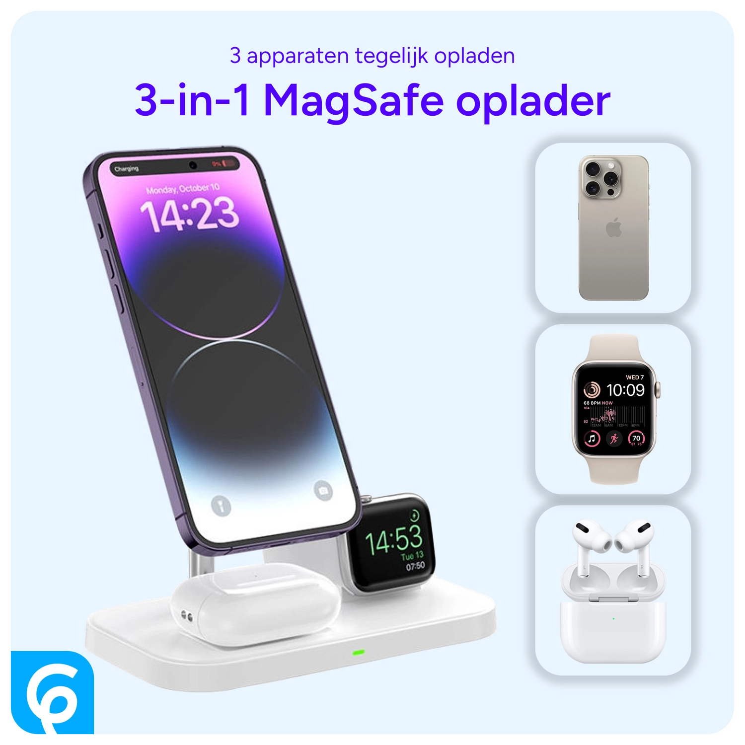 3 in 1 Draadloze MagSafe Oplader 15W iPhone/AirPods/Watch Wit afbeelding 2