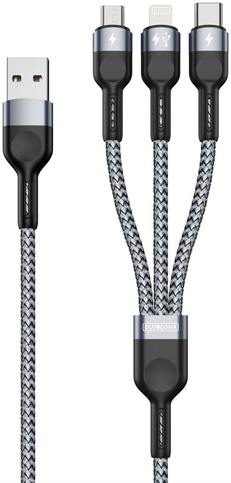 Duzzona USB-A 3-in-1 Lightning / USB-C / Micro USB Kabel 3.5A 1.3M Zwart afbeelding 1