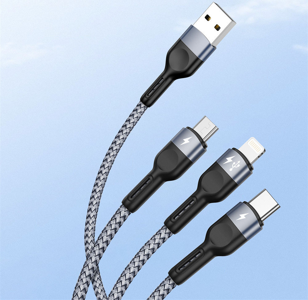 Duzzona USB-A 3-in-1 Lightning / USB-C / Micro USB Kabel 3.5A 1.3M Zwart afbeelding 12