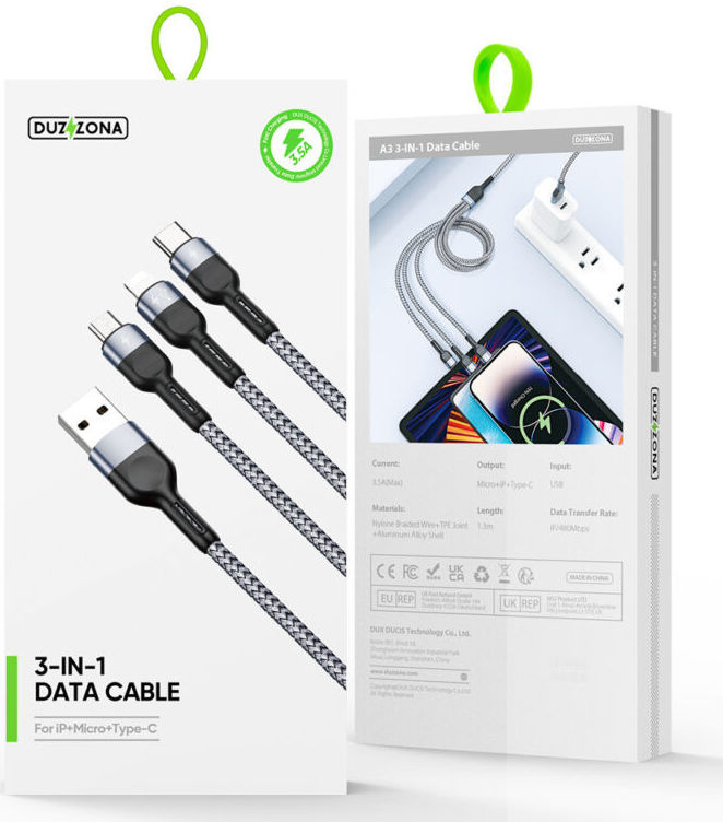 Duzzona USB-A 3-in-1 Lightning / USB-C / Micro USB Kabel 3.5A 1.3M Zwart afbeelding 13