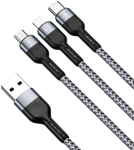 Duzzona USB-A 3-in-1 Lightning / USB-C / Micro USB Kabel 3.5A 1.3M Zwart afbeelding 2