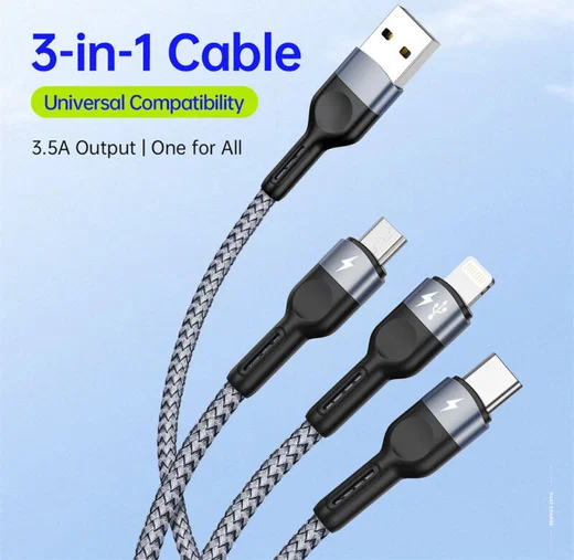Duzzona USB-A 3-in-1 Lightning / USB-C / Micro USB Kabel 3.5A 1.3M Zwart afbeelding 7