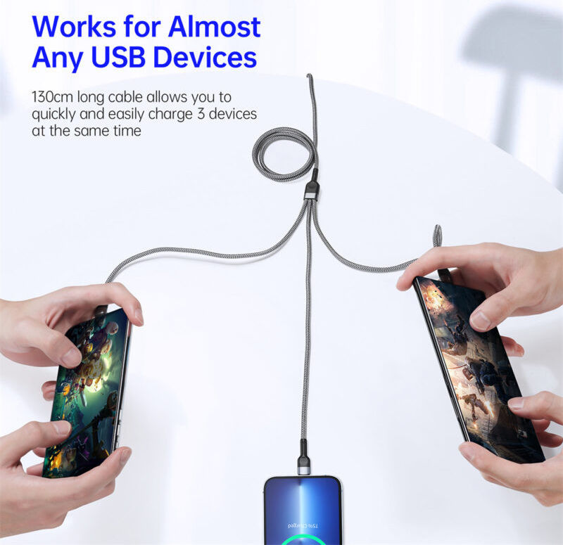 Duzzona USB-A 3-in-1 Lightning / USB-C / Micro USB Kabel 3.5A 1.3M Zwart afbeelding 5