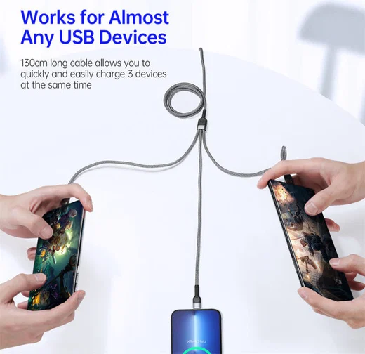 Duzzona USB-A 3-in-1 Lightning / USB-C / Micro USB Kabel 3.5A 1.3M Zwart afbeelding 5