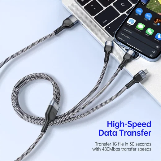 Duzzona USB-A 3-in-1 Lightning / USB-C / Micro USB Kabel 3.5A 1.3M Zwart afbeelding 4
