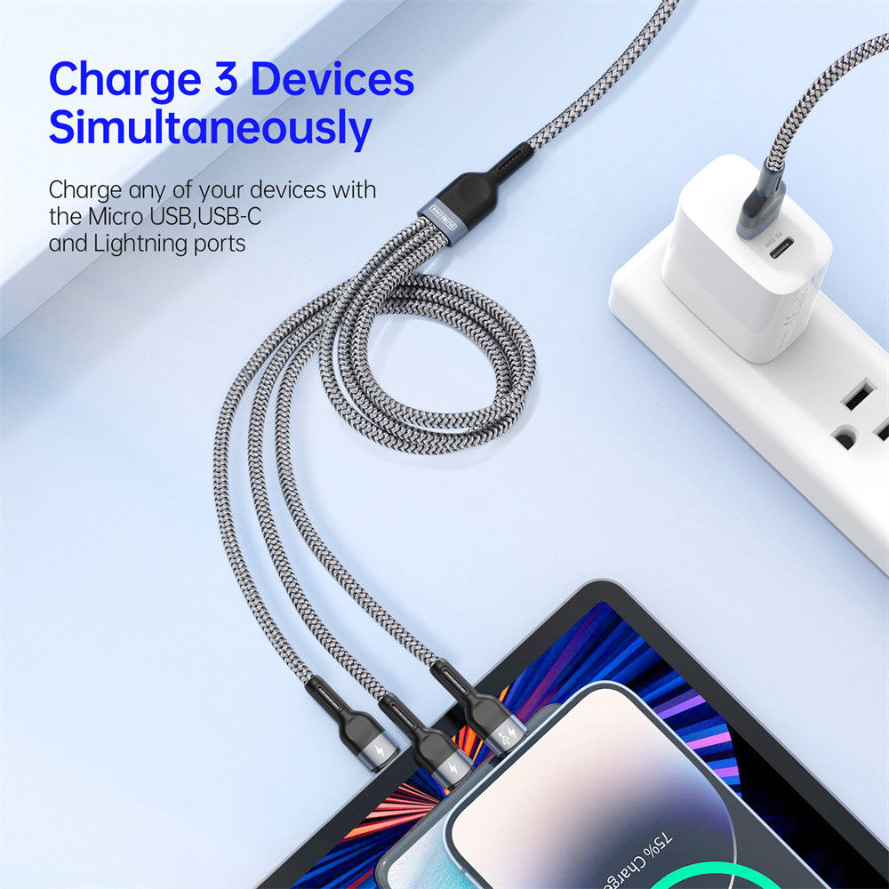 Duzzona USB-A 3-in-1 Lightning / USB-C / Micro USB Kabel 3.5A 1.3M Zwart afbeelding 3