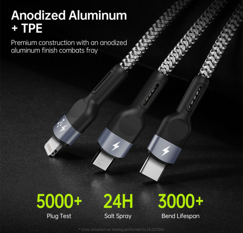 Duzzona USB-A 3-in-1 Lightning / USB-C / Micro USB Kabel 3.5A 1.3M Zwart afbeelding 9