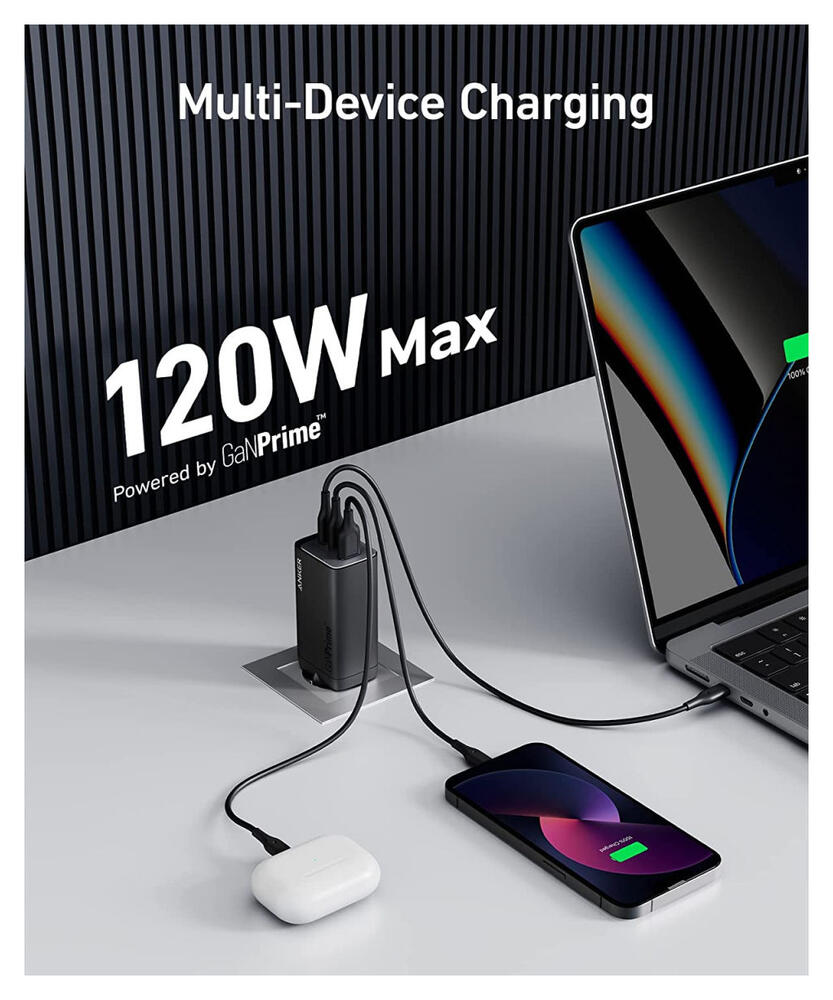 Anker 737 GaNPrime (120W) Fast Charge USB-C en USB-A Adapter Zwart afbeelding 2