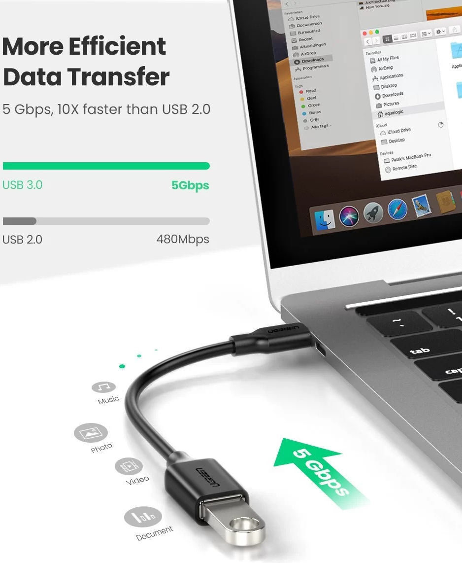 UGREEN USB-C naar USB-A 3.0 Adapter On The Go Kabel Zwart afbeelding 2