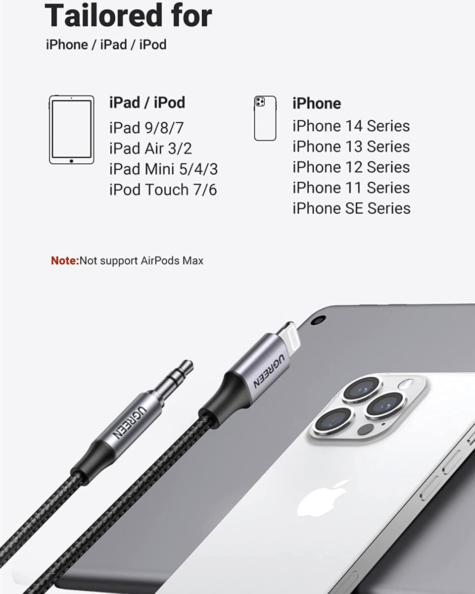 UGREEN Apple Lightning naar 3.5mm Jack Audiokabel MFi 1M Zwart afbeelding 6