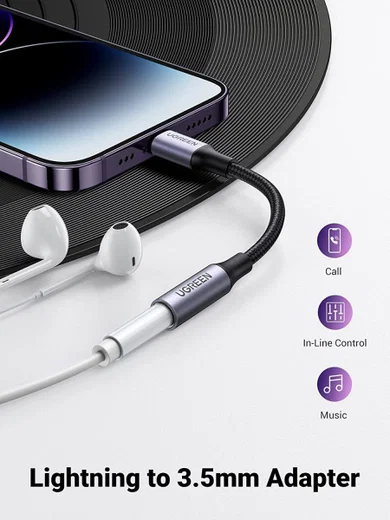 UGREEN Apple Lightning naar 3.5mm Jack Headset Adapter 10CM Zwart afbeelding 3