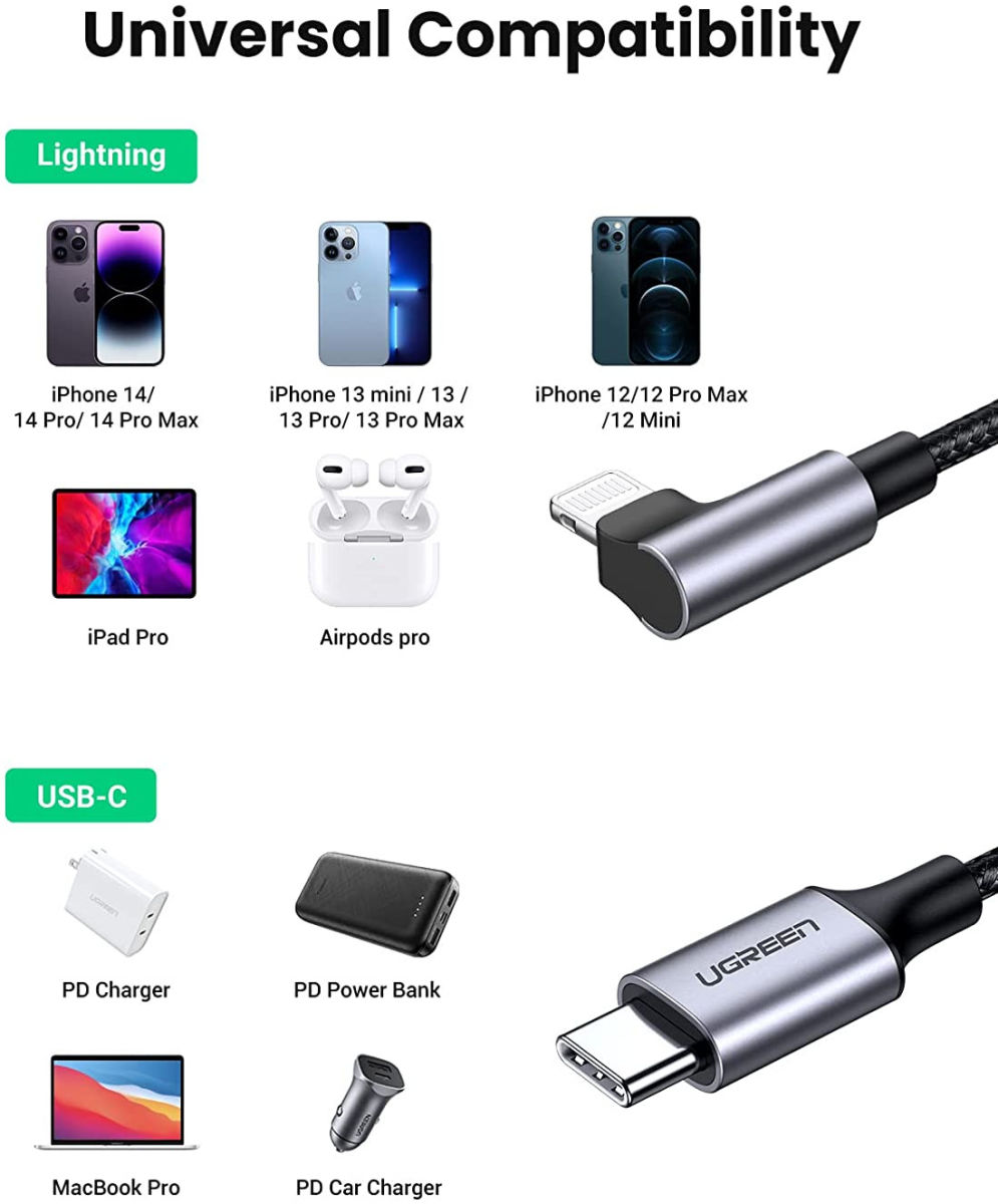 UGREEN 3A 90° MFi USB-C naar Lightning Kabel PD met Haakse Hoek 1M afbeelding 7