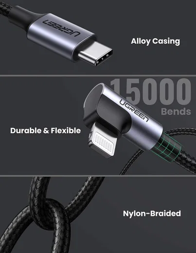 UGREEN 3A 90° MFi USB-C naar Lightning Kabel PD met Haakse Hoek 1M afbeelding 8