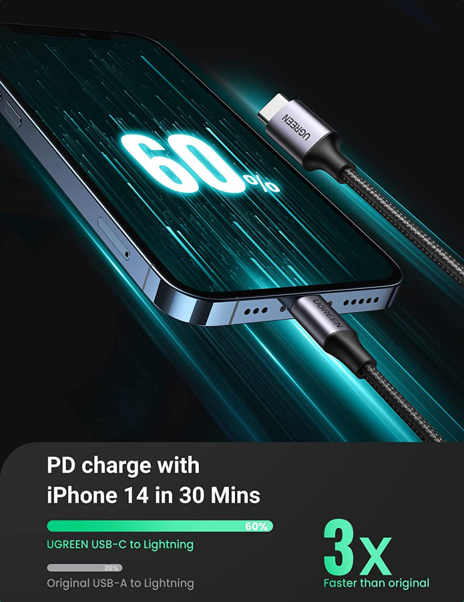 UGREEN 3A USB-C naar Apple Lightning Kabel PD 20W MFi 1M Zwart afbeelding 3