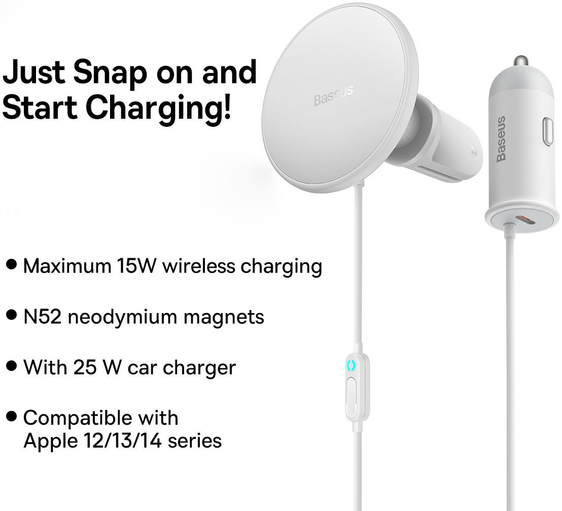 Baseus Autolader 25W met MagSafe Ventilatierooster Houder 15W Wit afbeelding 6