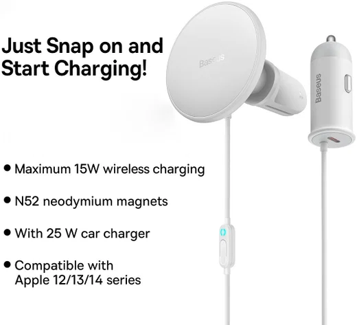 Baseus Autolader 25W met MagSafe Ventilatierooster Houder 15W Wit afbeelding 6