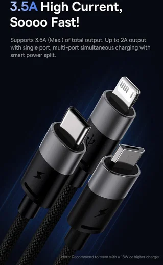 Baseus USB 3-in1 Lightning/USB-C/Micro USB Kabel 3.5A 1.2M Zwart afbeelding 4
