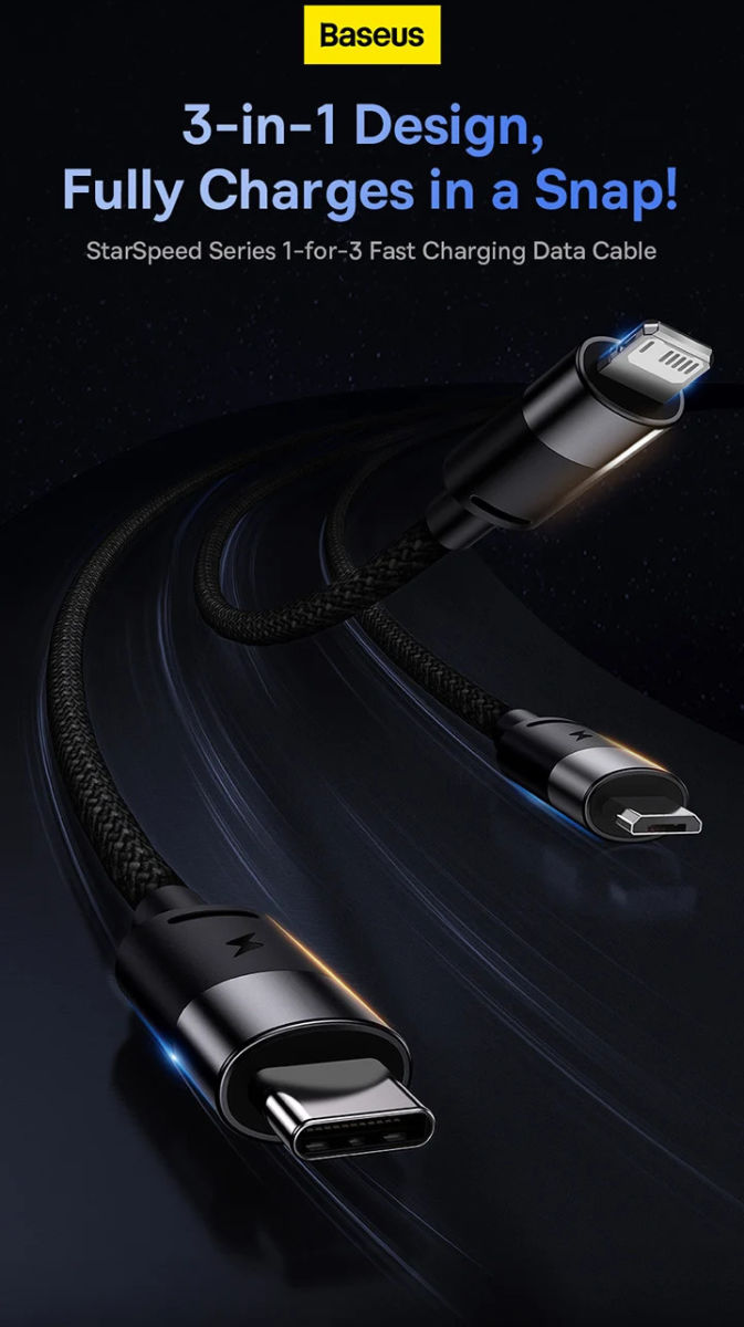 Baseus USB naar Lightning/USB-C/Micro USB Kabel 3.5A 1.2M Wit afbeelding 2