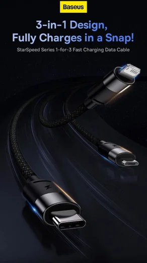 Baseus USB naar Lightning/USB-C/Micro USB Kabel 3.5A 1.2M Wit afbeelding 2