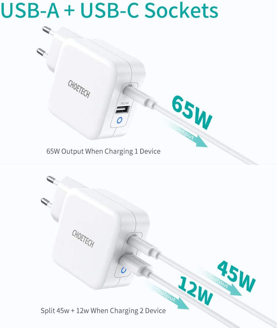 Choetech USB/USB-C GaN Snellader 65W PD Adapter Fast Charge Wit afbeelding 3