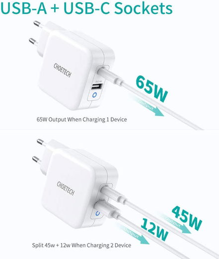 Choetech USB/USB-C GaN Snellader 65W PD Adapter Fast Charge Wit afbeelding 3
