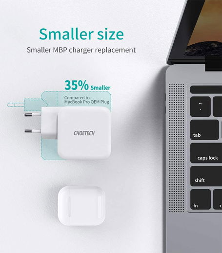 Choetech USB/USB-C GaN Snellader 65W PD Adapter Fast Charge Wit afbeelding 6
