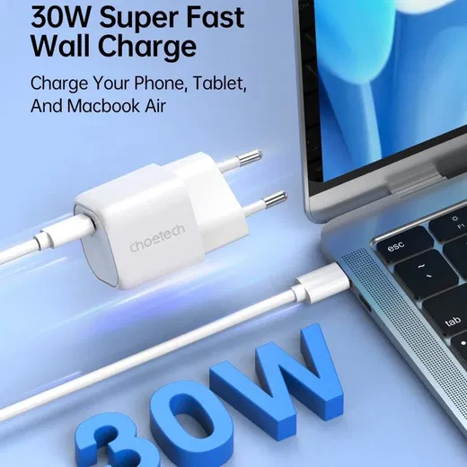Choetech 30W USB-C Snellader Power Delivery GaN Adapter Wit afbeelding 2