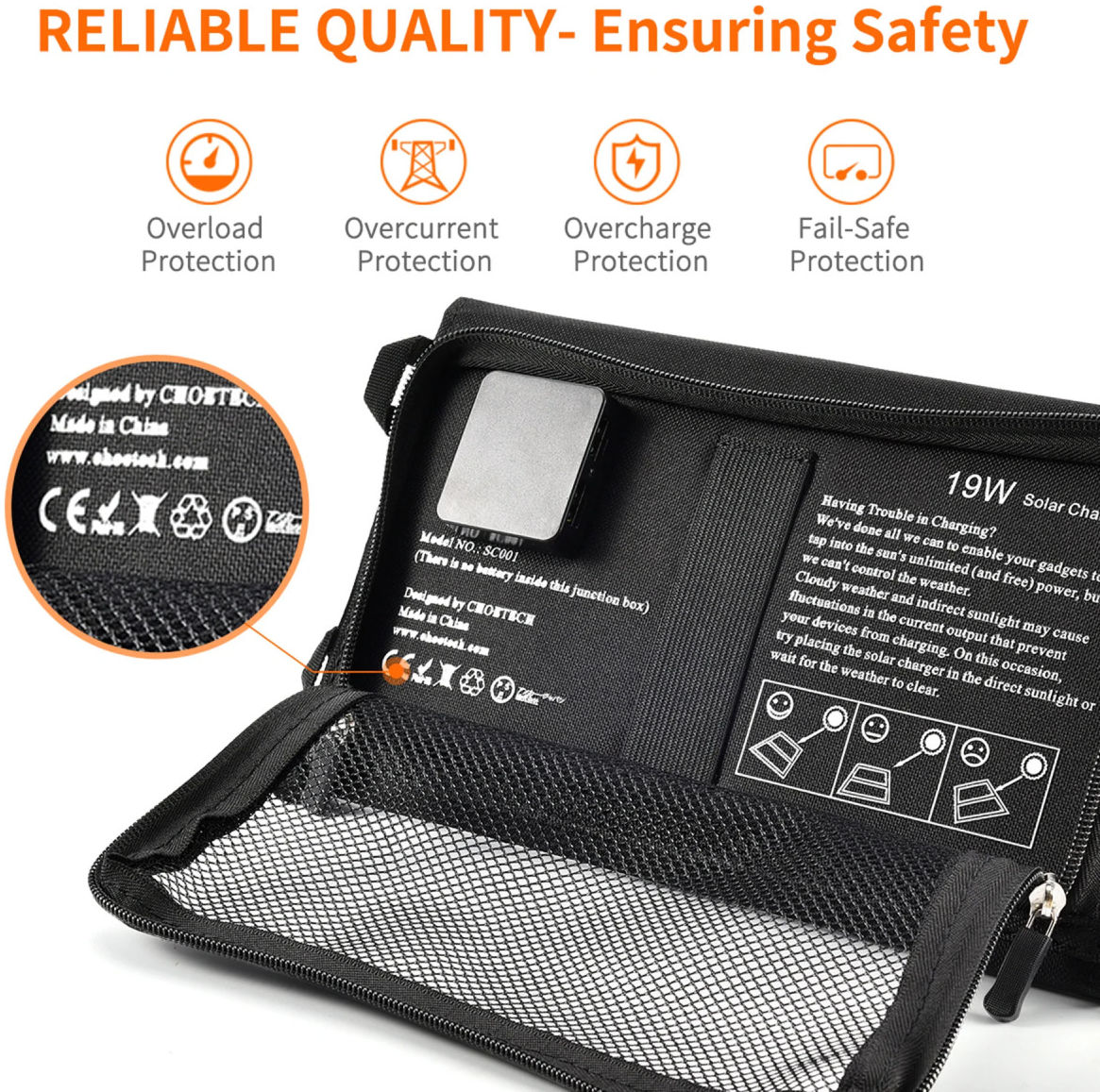 Choetech 19W Zonnepaneel USB-A Oplader Waterproof Solar Charger Grijs afbeelding 6