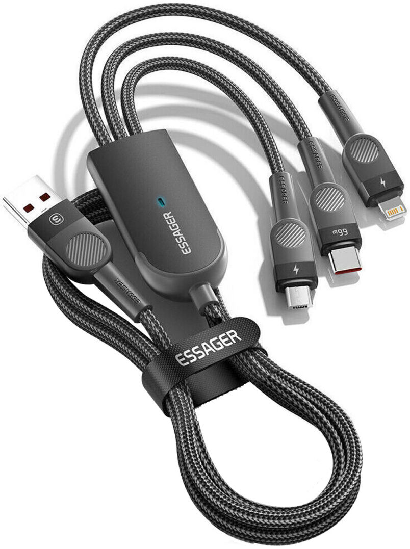 Essager 3-in-1 66W USB naar Lightning/USB-C/Micro USB Kabel 1.2M Zwart afbeelding 7