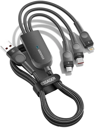 Essager 3-in-1 66W USB naar Lightning/USB-C/Micro USB Kabel 1.2M Zwart afbeelding 7