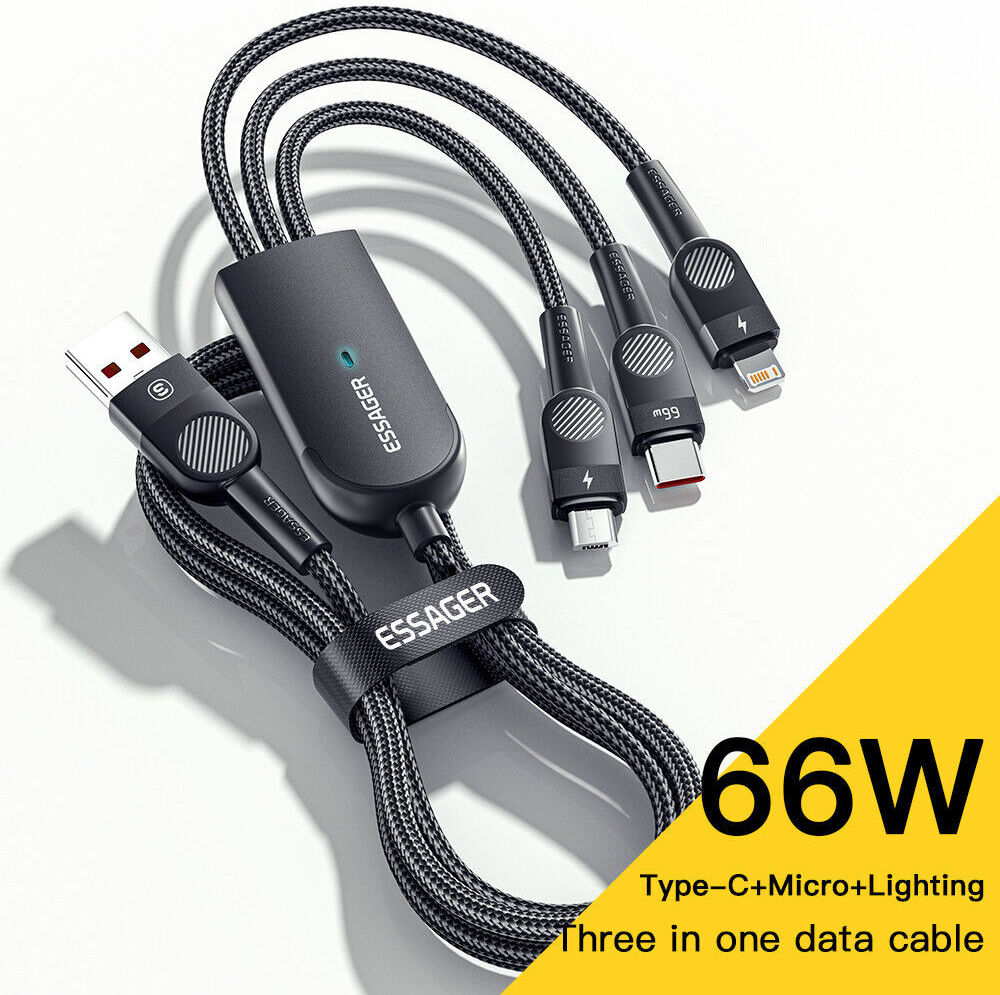 Essager 3-in-1 66W USB naar Lightning/USB-C/Micro USB Kabel 1.2M Zwart afbeelding 1