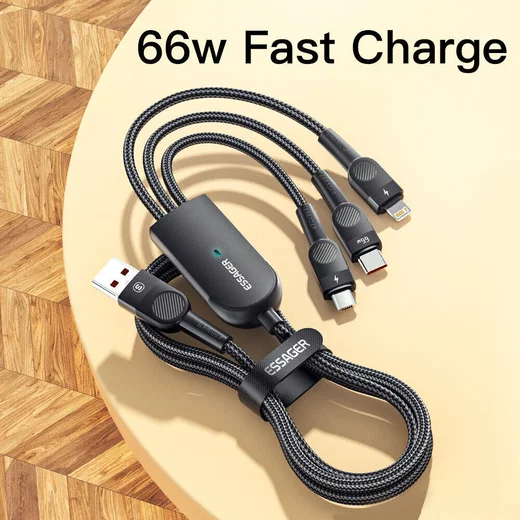 Essager 3-in-1 66W USB naar Lightning/USB-C/Micro USB Kabel 1.2M Zwart afbeelding 4