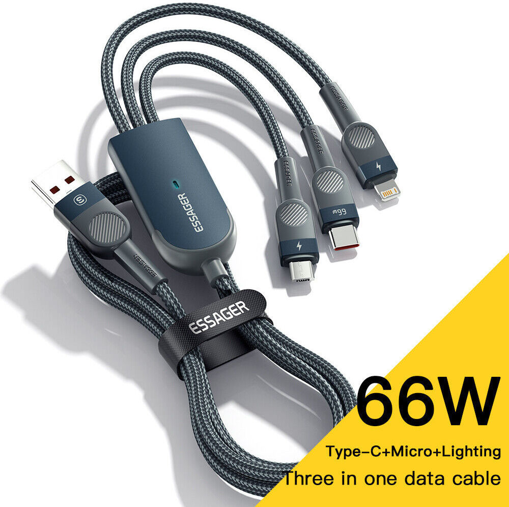Essager 3-in-1 66W USB naar Lightning/USB-C/Micro USB Kabel 1.2M Blauw afbeelding 1