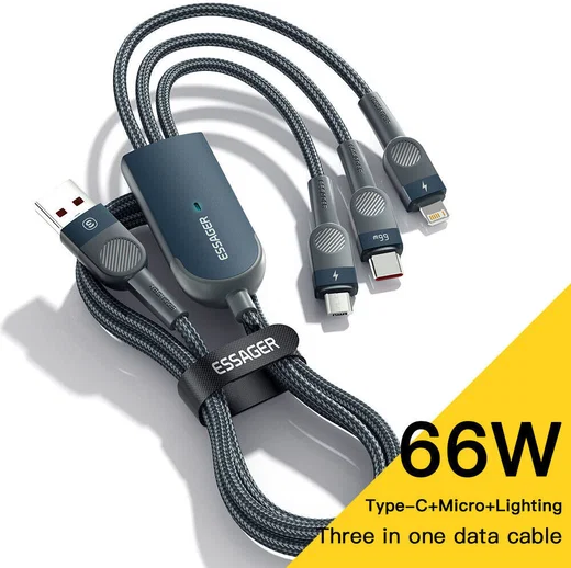 Essager 3-in-1 66W USB naar Lightning/USB-C/Micro USB Kabel 1.2M Blauw afbeelding 1