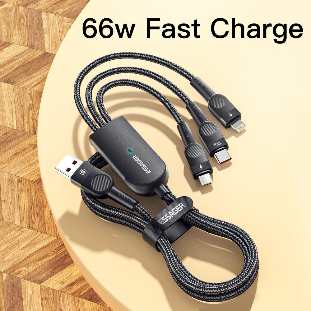 Essager 3-in-1 66W USB naar Lightning/USB-C/Micro USB Kabel 1.2M Blauw afbeelding 4