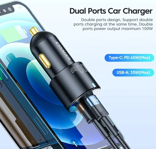 Essager Optimus Prime Auto Snellader 100W Fast Charge Autolader Zwart afbeelding 4