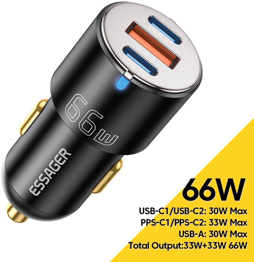 Essager City USB/USB-C Autolader Fast Charge 66W Snellader Zwart afbeelding 5