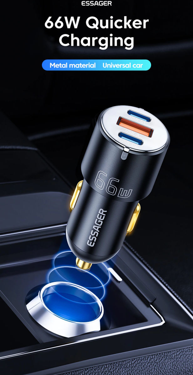 Essager City USB/USB-C Autolader Fast Charge 66W Snellader Zwart afbeelding 2