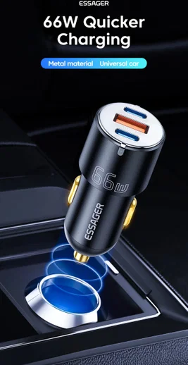 Essager City USB/USB-C Autolader Fast Charge 66W Snellader Zwart afbeelding 2
