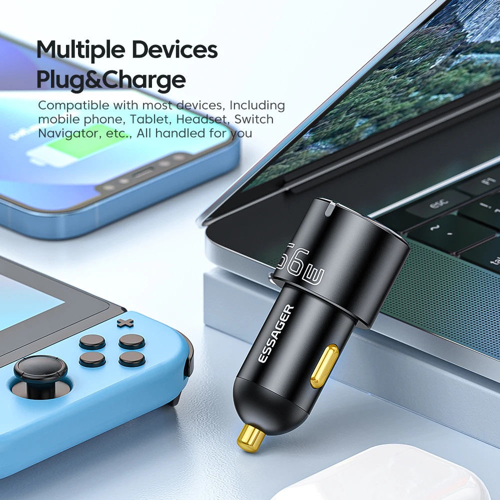 Essager City USB/USB-C Autolader Fast Charge 66W Snellader Zwart afbeelding 3