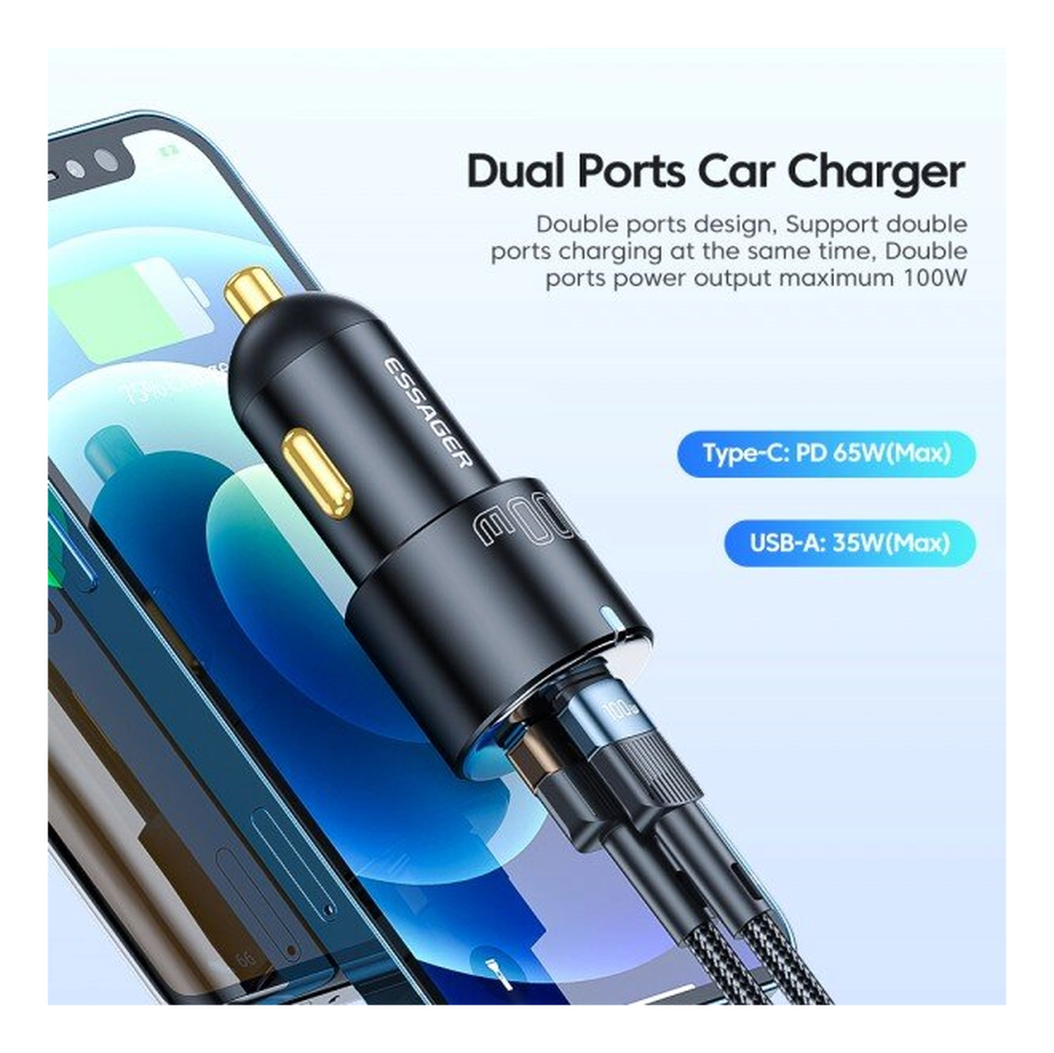 Essager City USB/USB-C Autolader Fast Charge 66W Snellader Zwart afbeelding 6