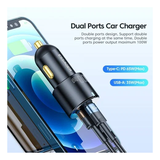 Essager City USB/USB-C Autolader Fast Charge 66W Snellader Zwart afbeelding 6