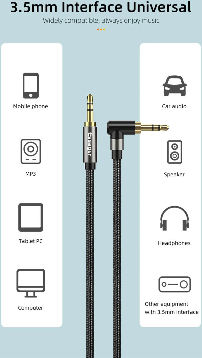 Essager 90° 3.5mm Jack Aux Kabel HiFi Audio met Haakse Hoek 1.5M Zwart afbeelding 4