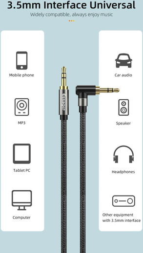 Essager 90° 3.5mm Jack Aux Kabel HiFi Audio met Haakse Hoek 1.5M Zwart afbeelding 4
