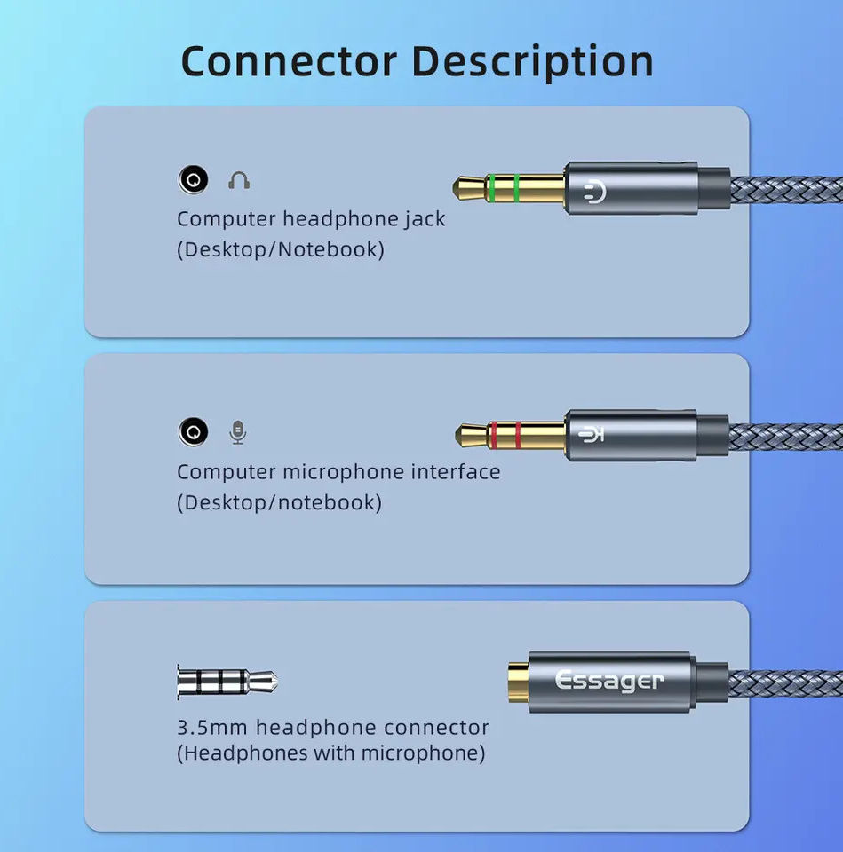 Essager 3.5mm Female naar Dual 3.5mm Male Jack Aux Kabel 25CM Grijs afbeelding 3