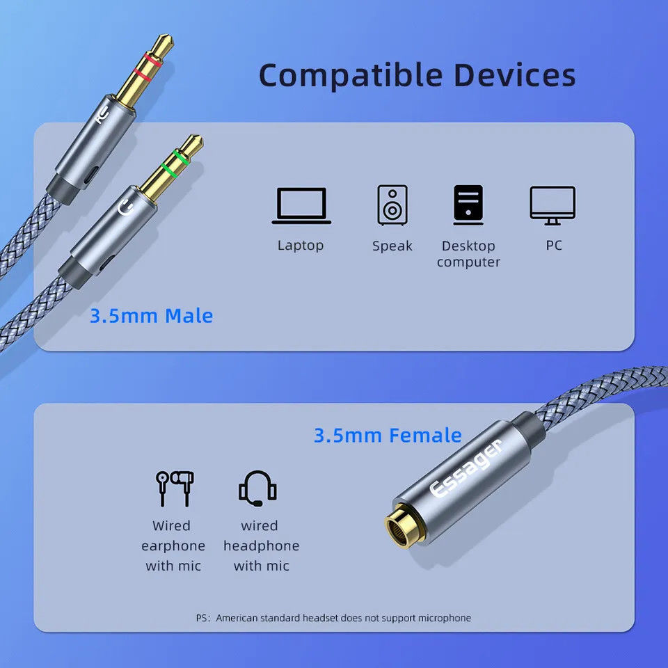 Essager 3.5mm Female naar Dual 3.5mm Male Jack Aux Kabel 25CM Grijs afbeelding 4