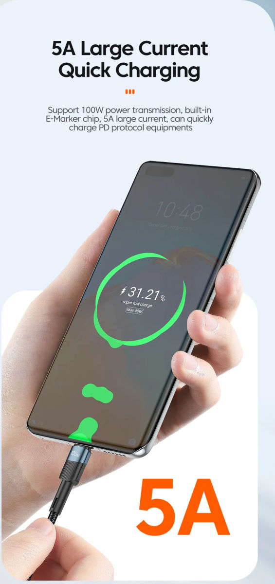 Essager Star 100W USB-C Snellaad Kabel PD 5A QC 4.0 2M Zwart afbeelding 3