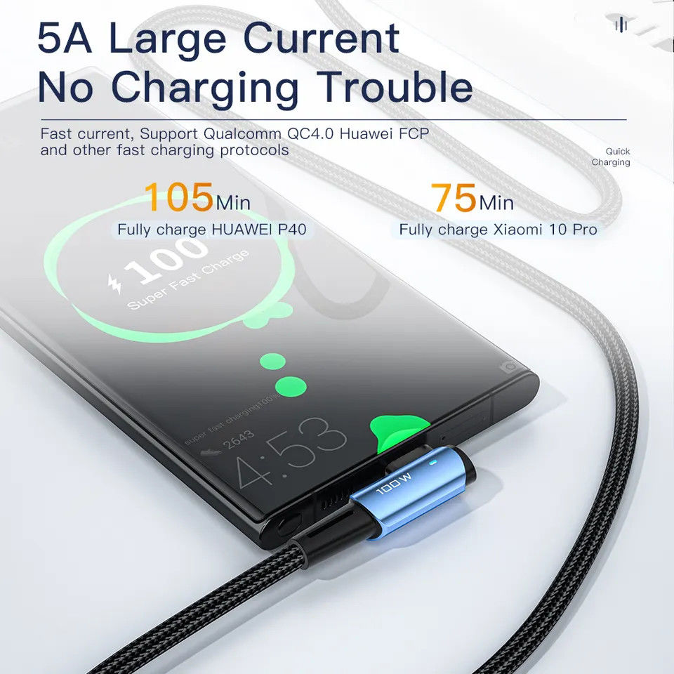 Essager 90° 100W USB-C Snellaad Kabel met Haakse Hoek 5A 1M Zwart afbeelding 3