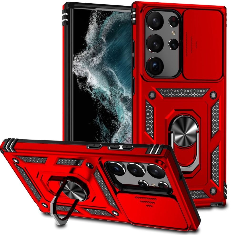 Samsung Galaxy S23 Ultra Hoesje Camera Slider en Kickstand Ring Rood afbeelding 1